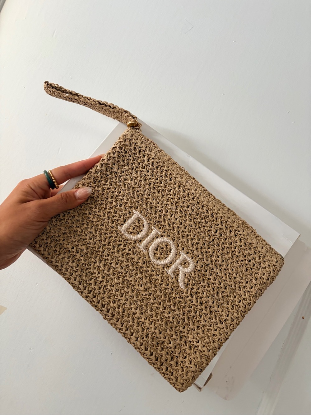 Dior Tan Straw Wristlet with White Embroidered Logo